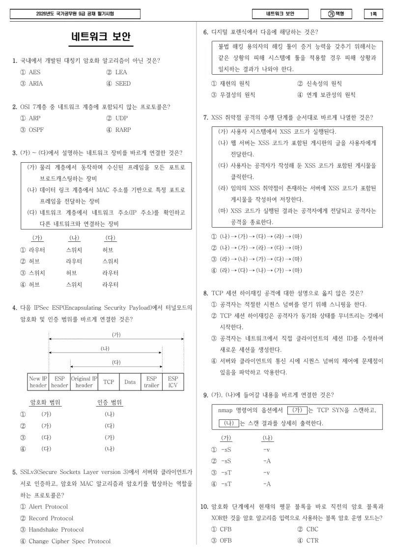 9급 국가직 네트워크 보안 2026년 시험지 1쪽