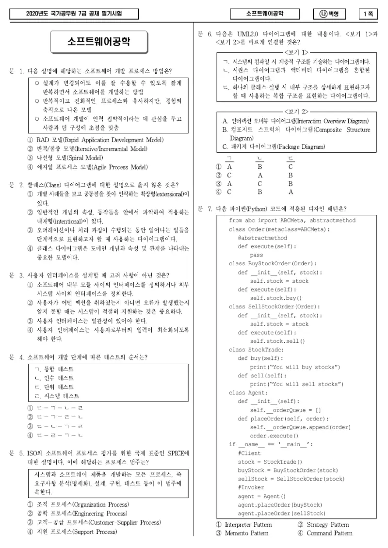 7급 국가직 소프트웨어공학 2020년 시험지 1쪽