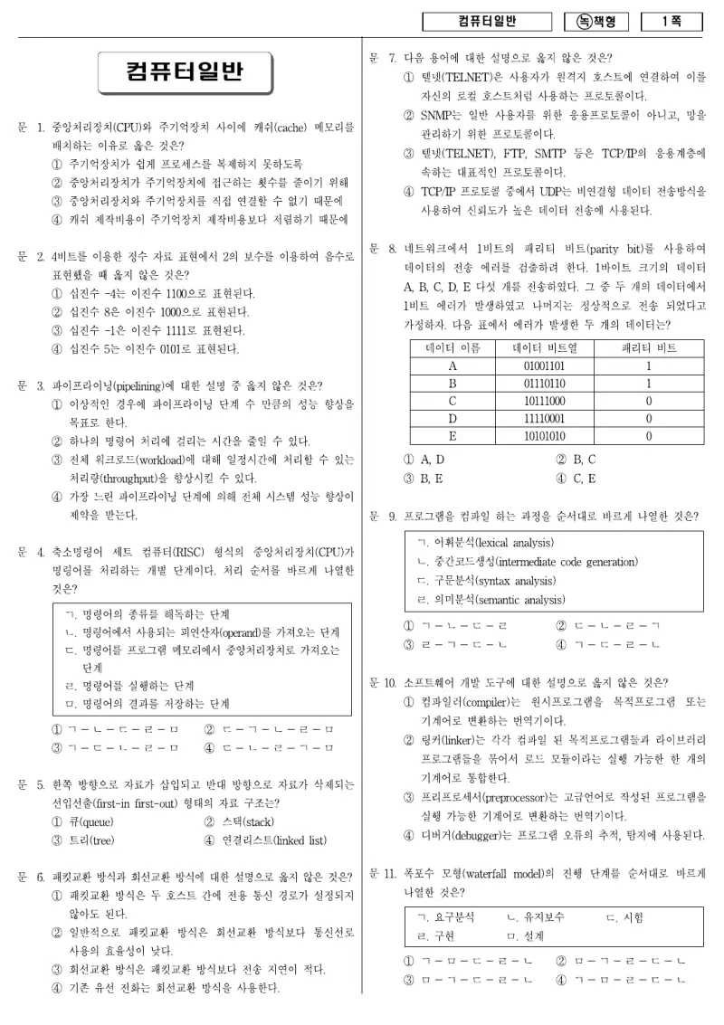 9급 국가직 컴퓨터일반 2009년 시험지 1쪽
