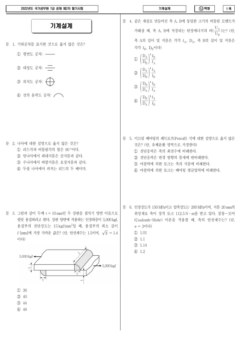 7급 국가직 기계설계 2022년 시험지 1쪽