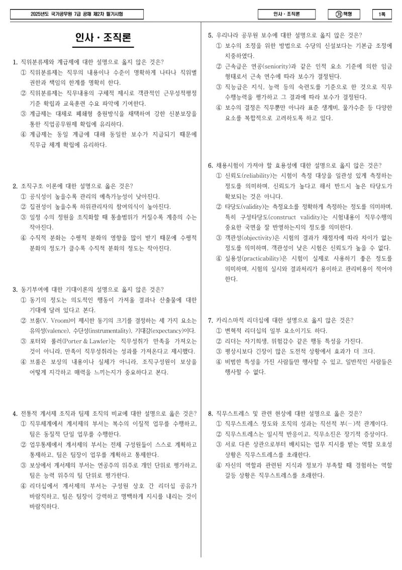7급 국가직 인사·조직론 2025년 시험지 1쪽