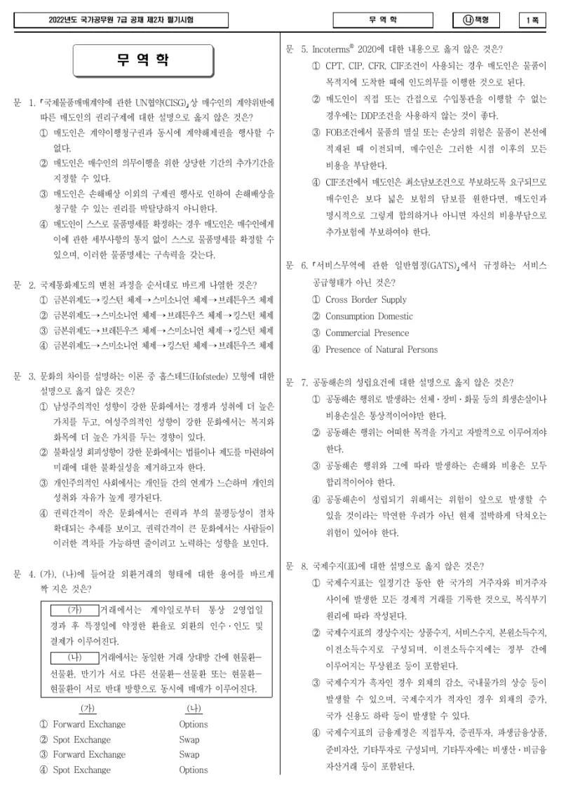 7급 국가직 무역학 2022년 시험지 1쪽