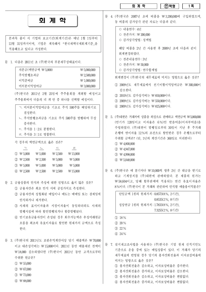7급 국가직 회계학 2012년 시험지 1쪽