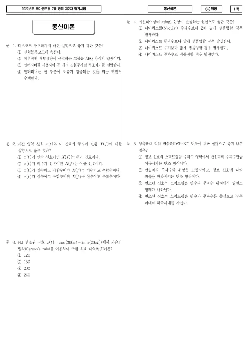 7급 국가직 통신이론 2022년 시험지 1쪽