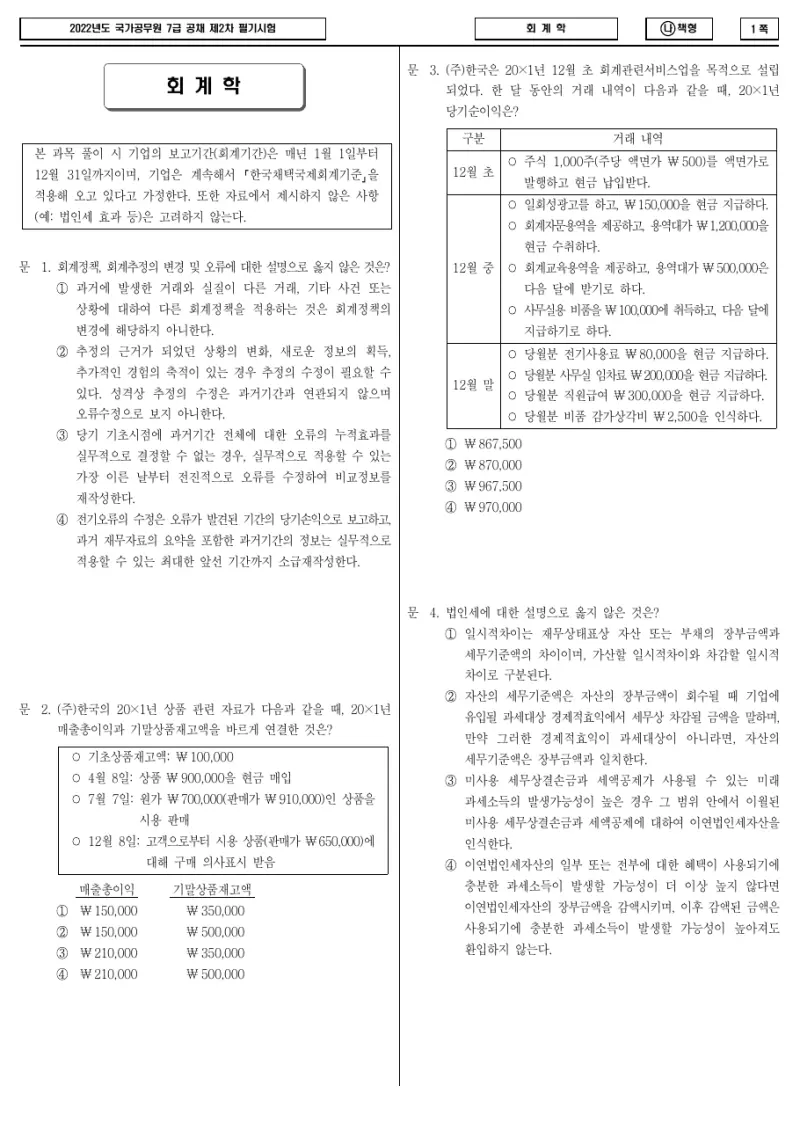 7급 국가직 회계학 2022년 시험지 1쪽