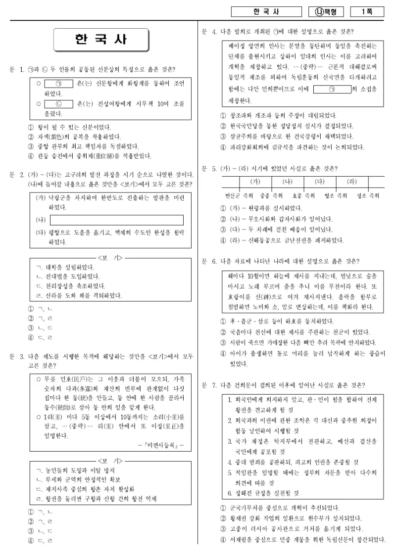 9급 국가직 한국사 2017년 시험지 1쪽