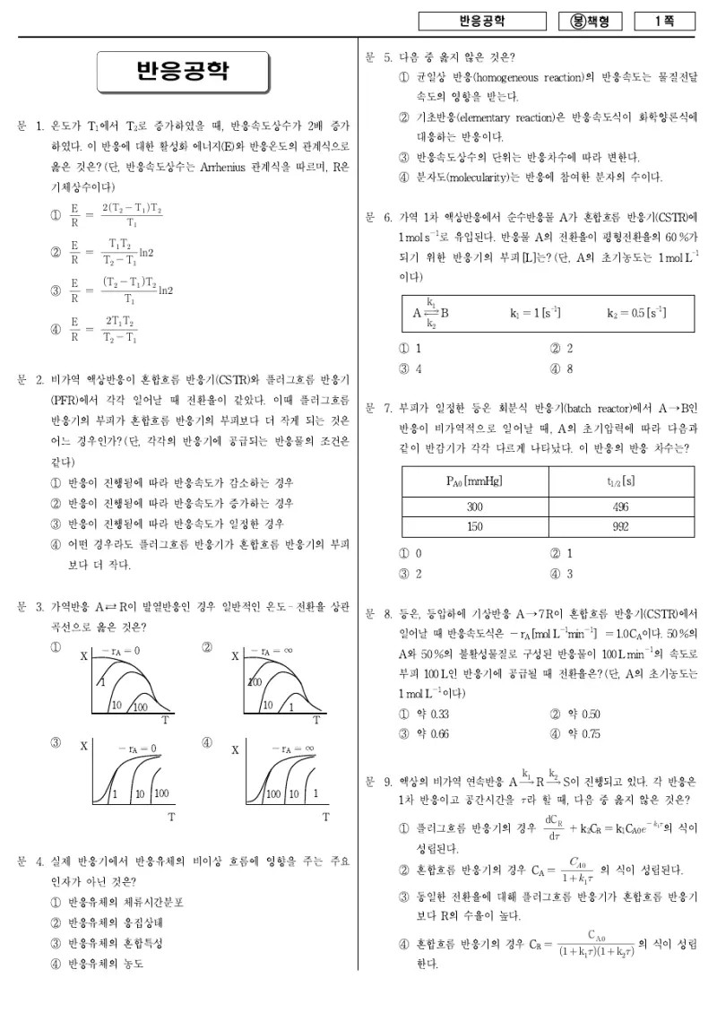7급 국가직 반응공학 2009년 시험지 1쪽