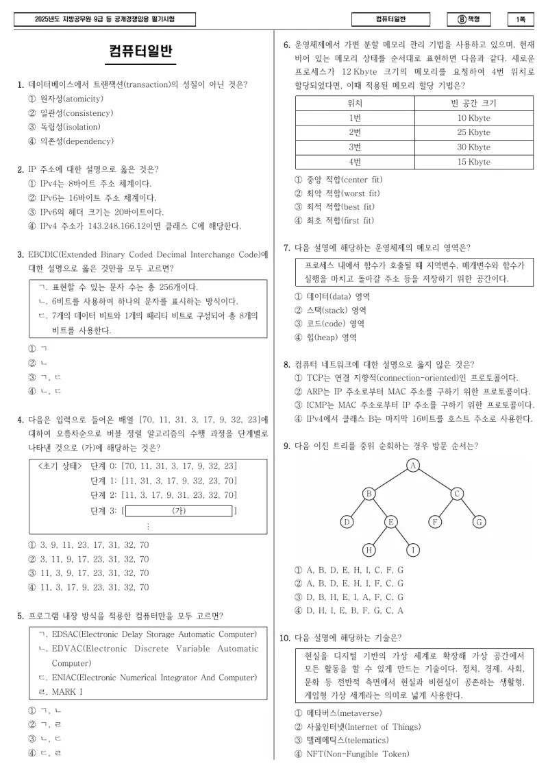 9급 지방직 컴퓨터일반 2025년 시험지 1쪽