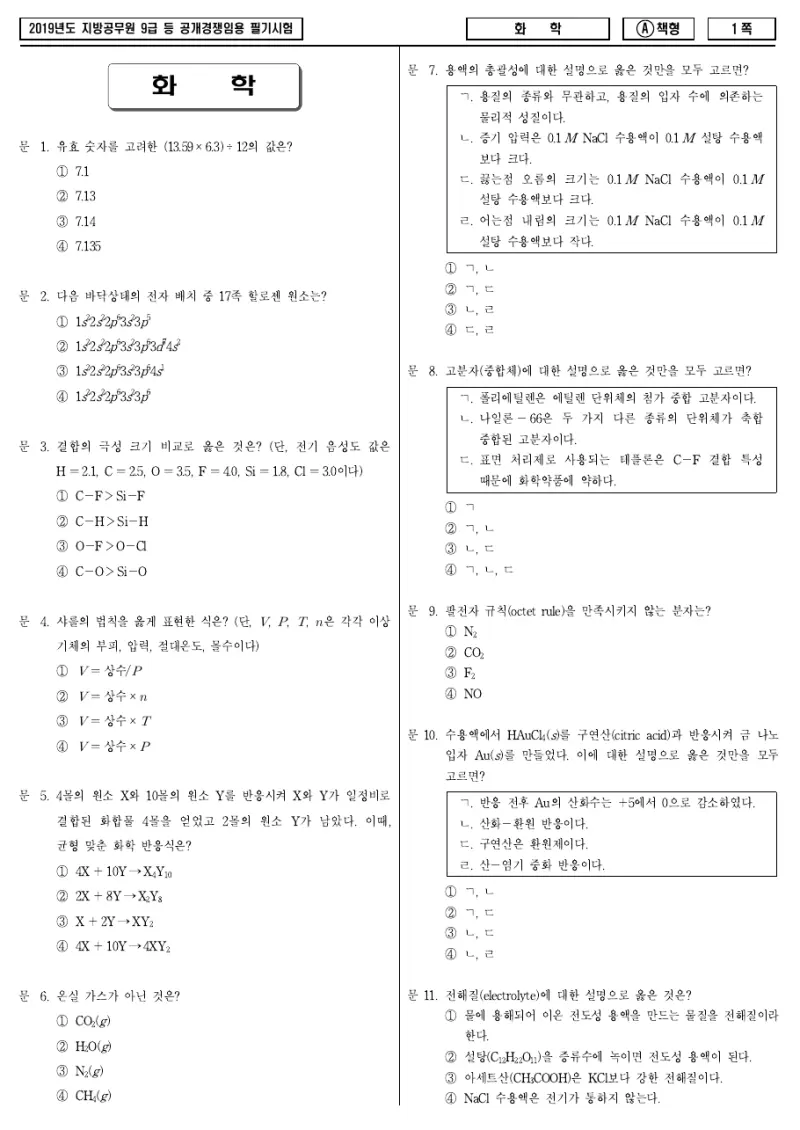9급 지방직 화학 2019년 시험지 1쪽