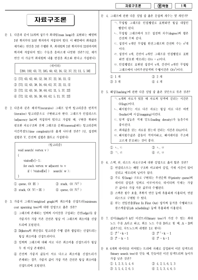 7급 국가직 자료구조론 2009년 시험지 1쪽