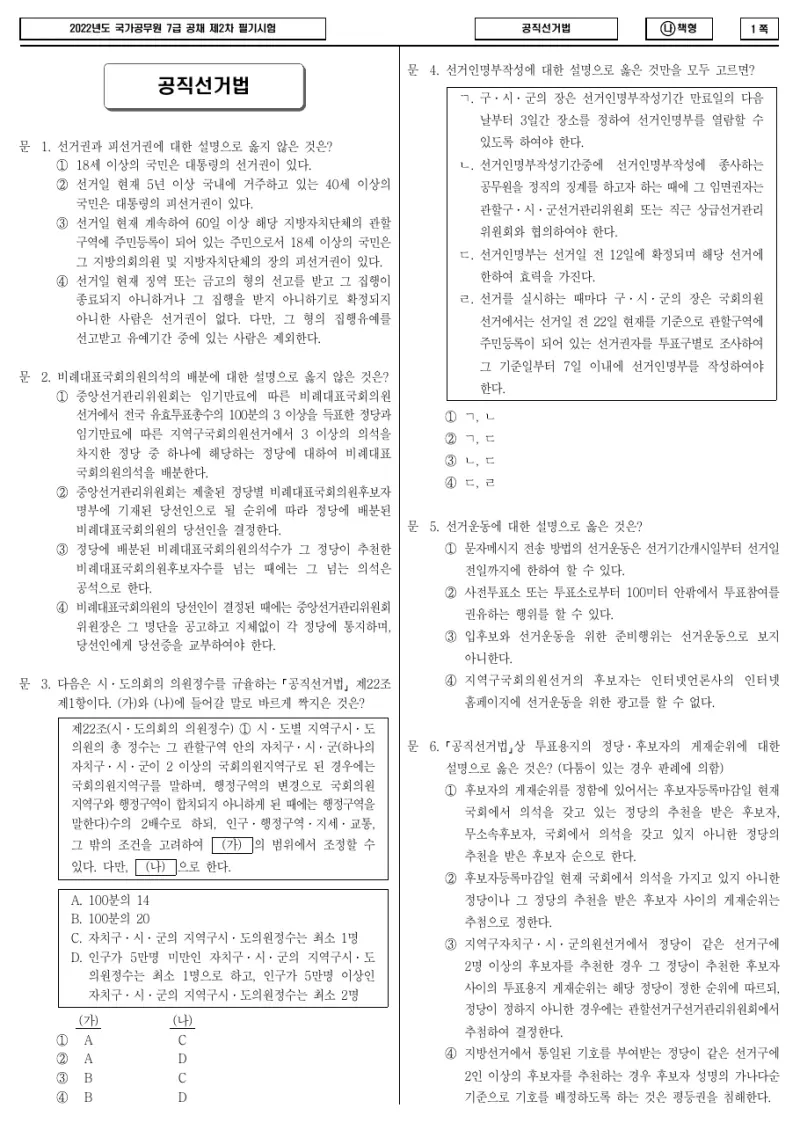 7급 국가직 공직선거법 2022년 시험지 1쪽