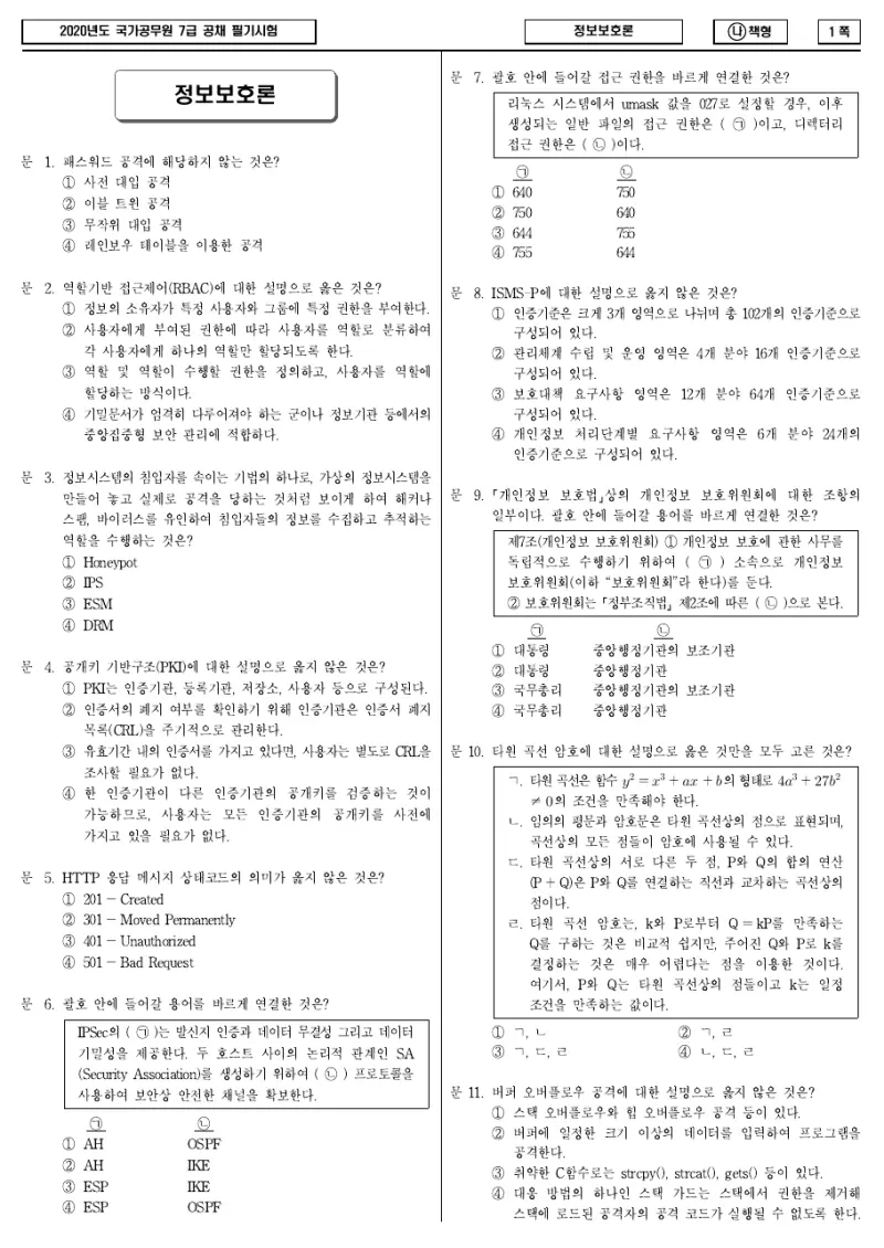 7급 국가직 정보보호론 2020년 시험지 1쪽