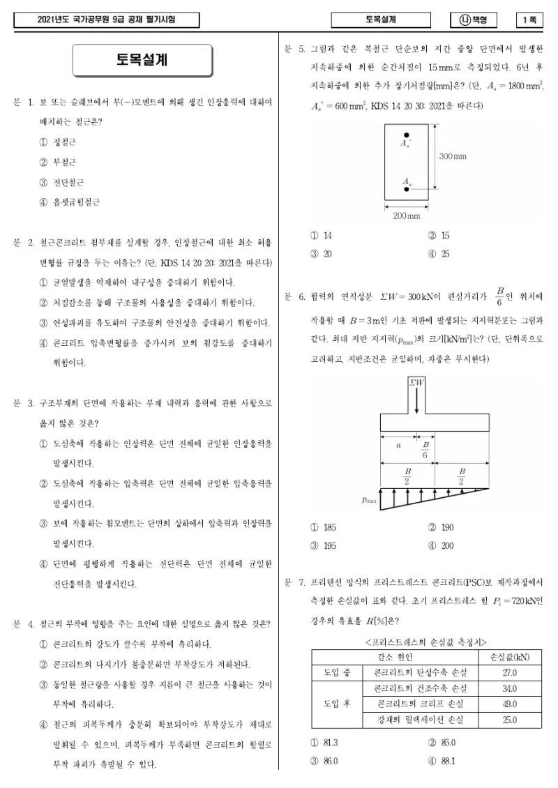 9급 국가직 토목설계 2021년 시험지 1쪽