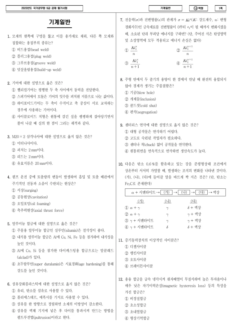 9급 국가직 기계일반 2023년 시험지 1쪽