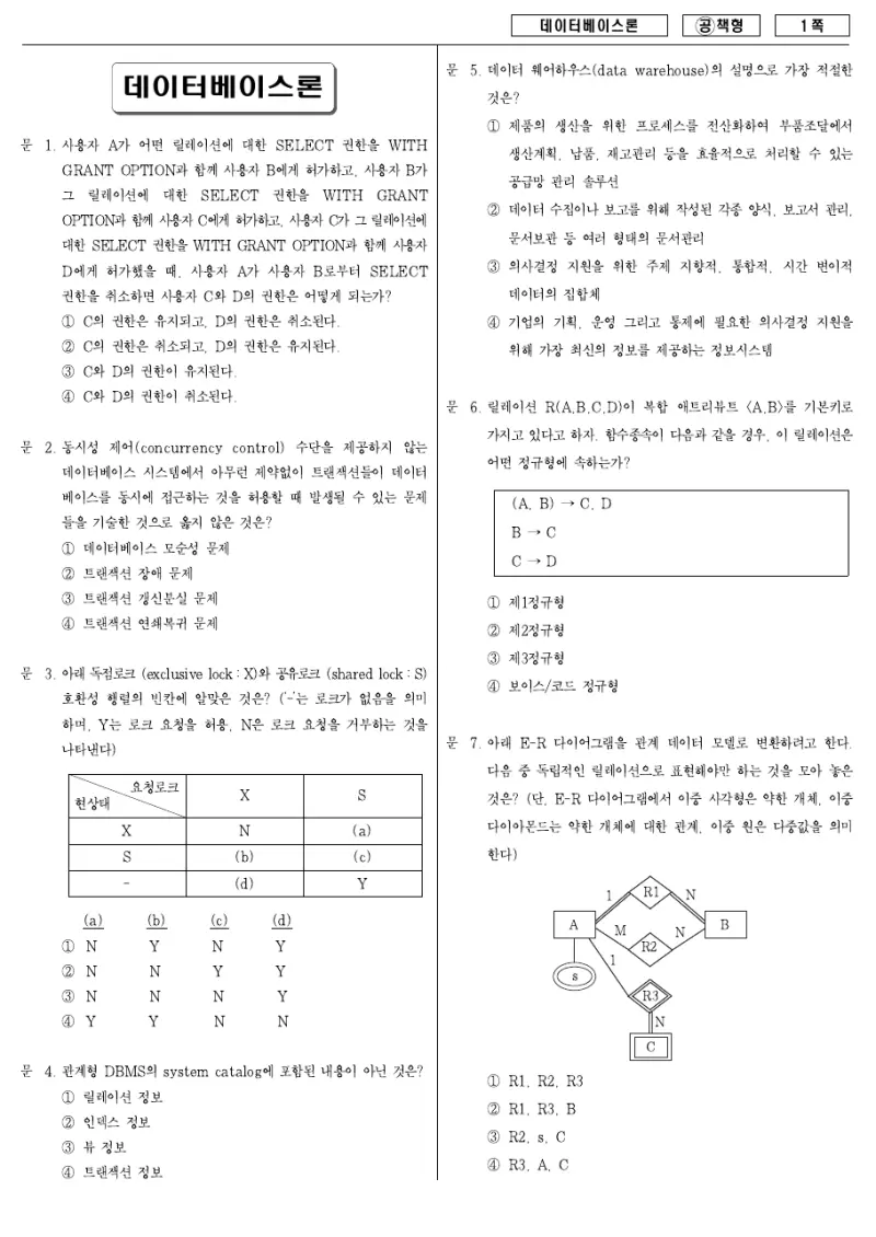 7급 국가직 데이터베이스론 2007년 시험지 1쪽