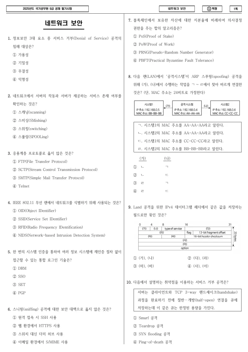 9급 국가직 네트워크 보안 2025년 시험지 1쪽