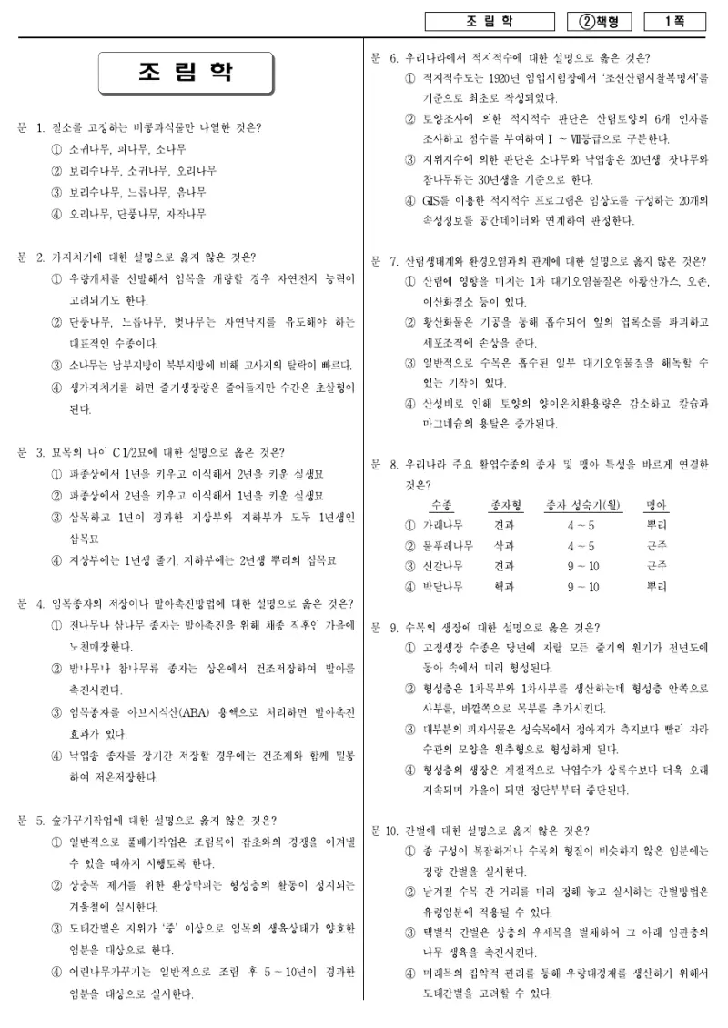 7급 국가직 조림학 2016년 시험지 1쪽