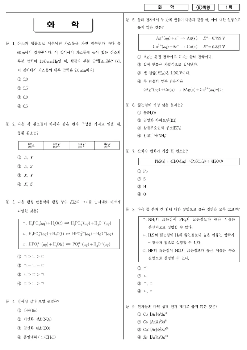 9급 지방직 화학 2018년 시험지 1쪽