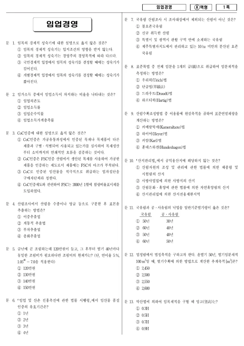 9급 지방직 임업경영 2009년 시험지 1쪽