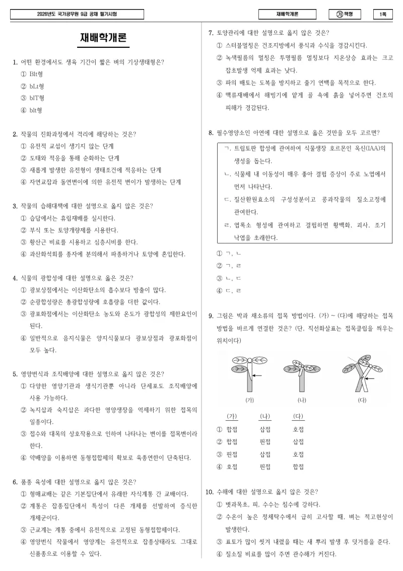 9급 국가직 재배학개론 2026년 시험지 1쪽