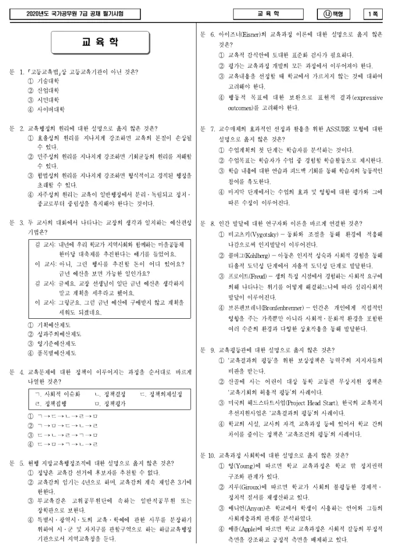 7급 국가직 교육학 2020년 시험지 1쪽