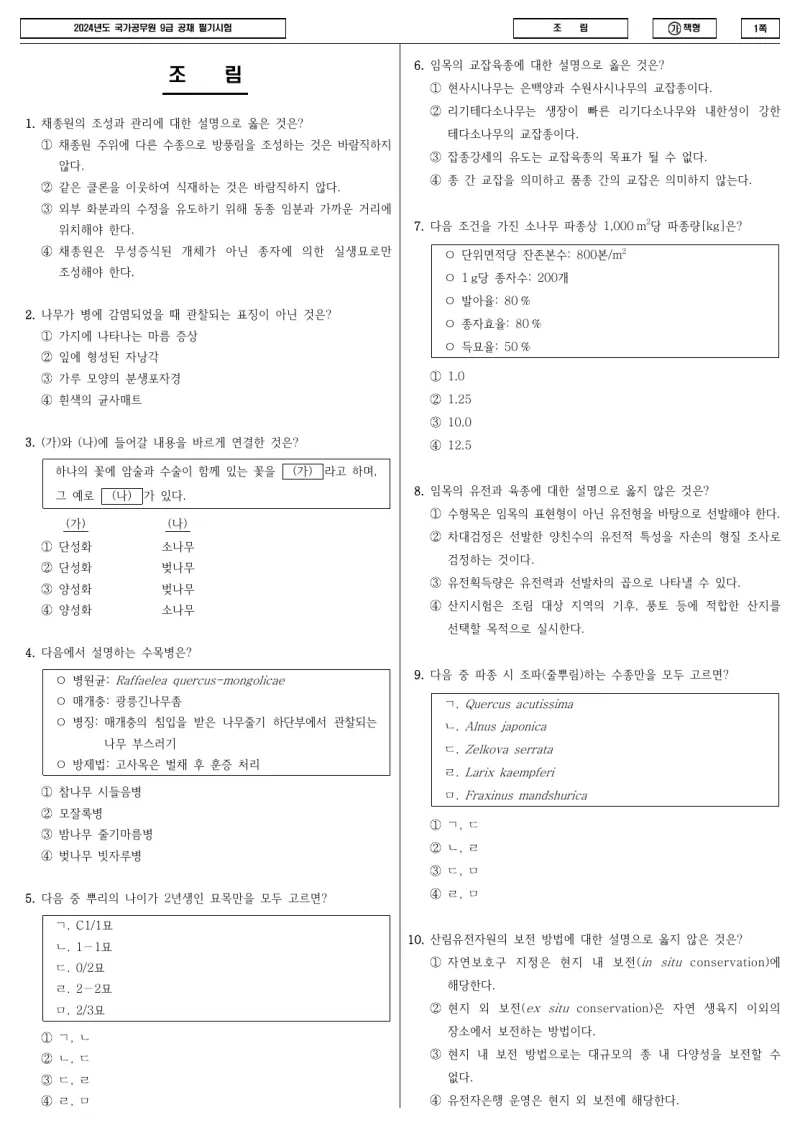 9급 국가직 조림 2024년 시험지 1쪽