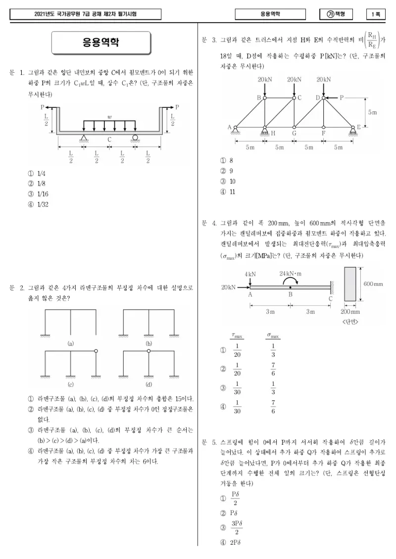 7급 국가직 응용역학 2021년 시험지 1쪽