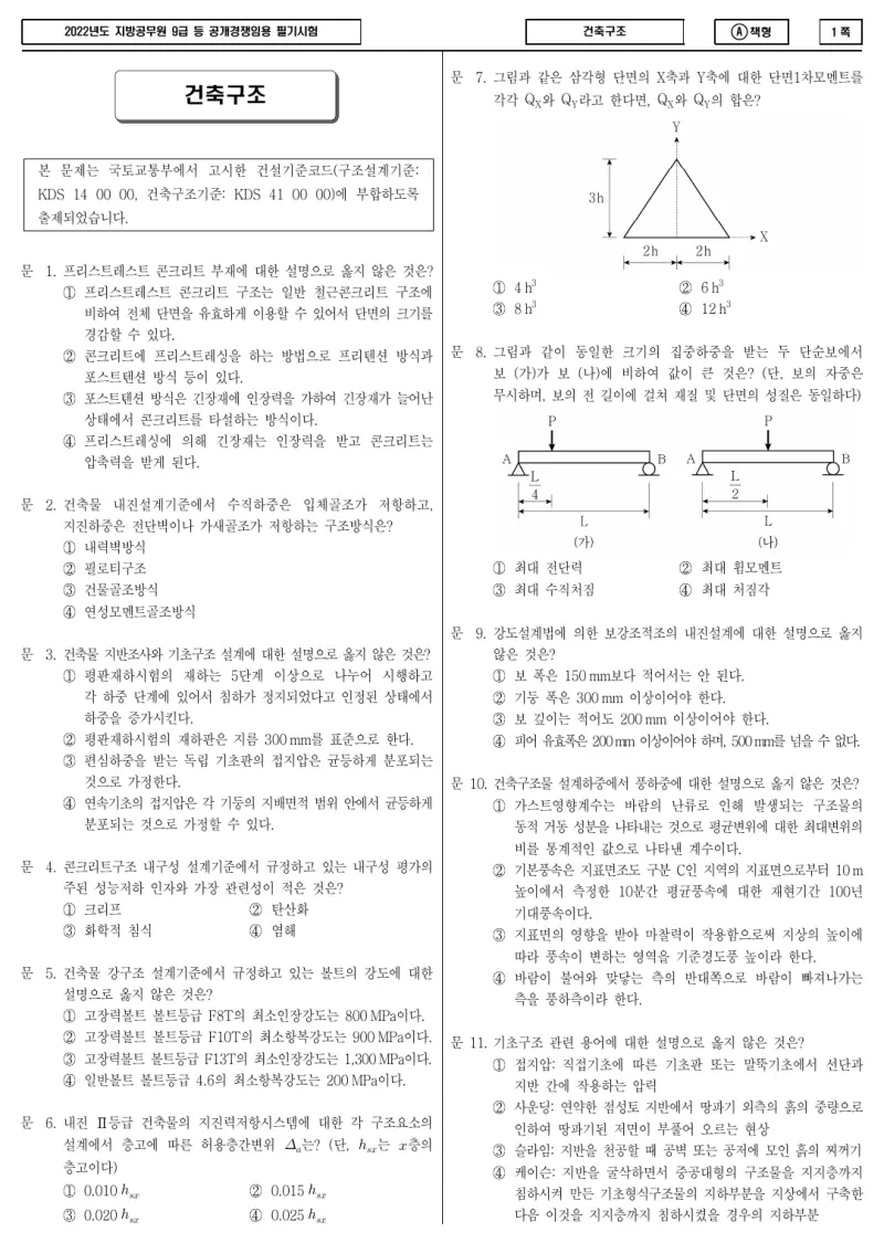 9급 지방직 건축구조 2022년 시험지 1쪽