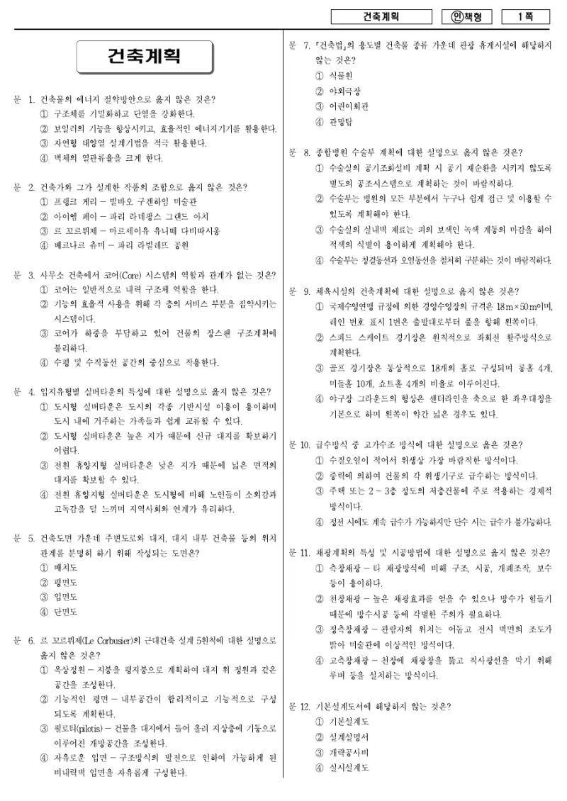 9급 국가직 건축계획 2013년 시험지 1쪽