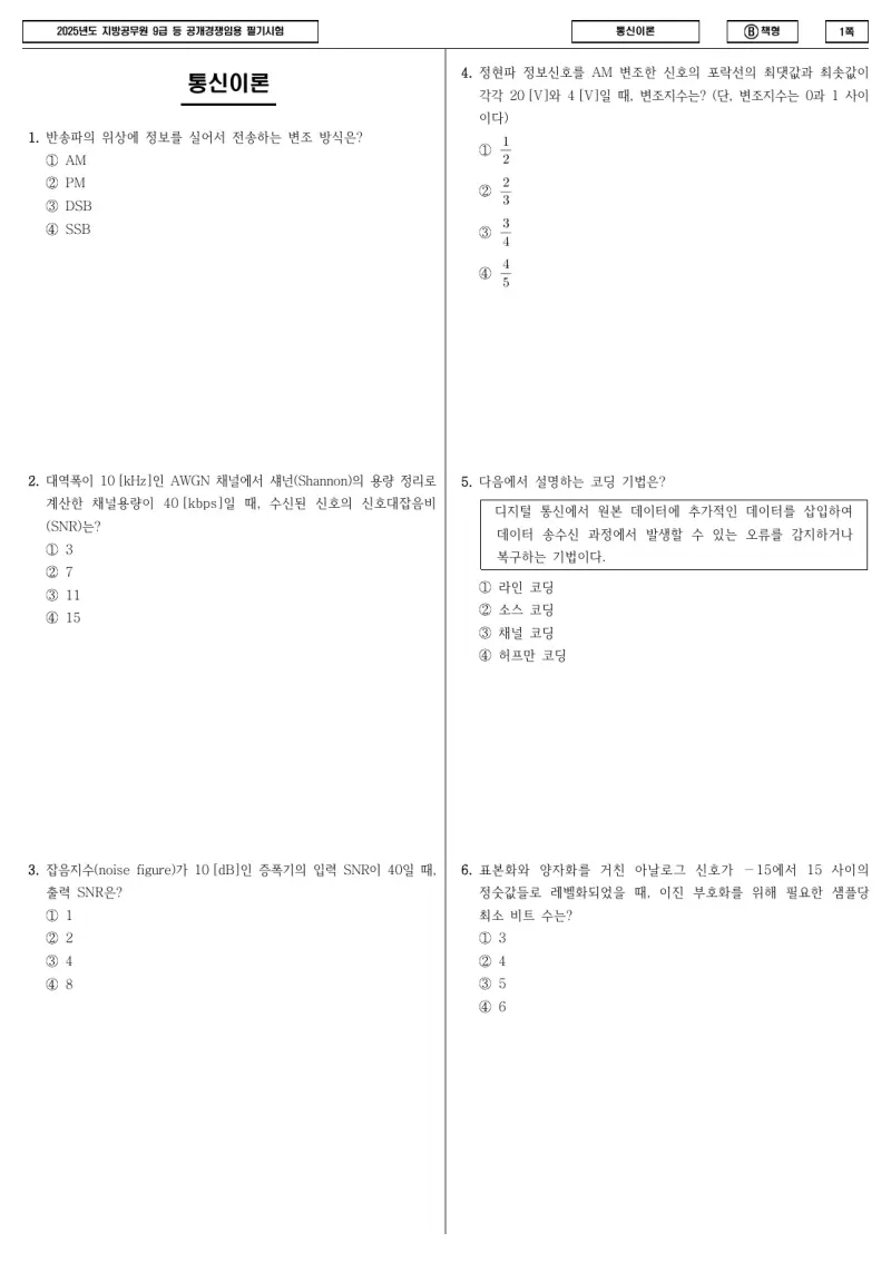 9급 지방직 통신이론 2025년 시험지 1쪽
