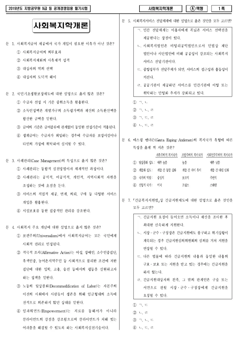 9급 지방직 사회복지학개론 2019년 시험지 1쪽