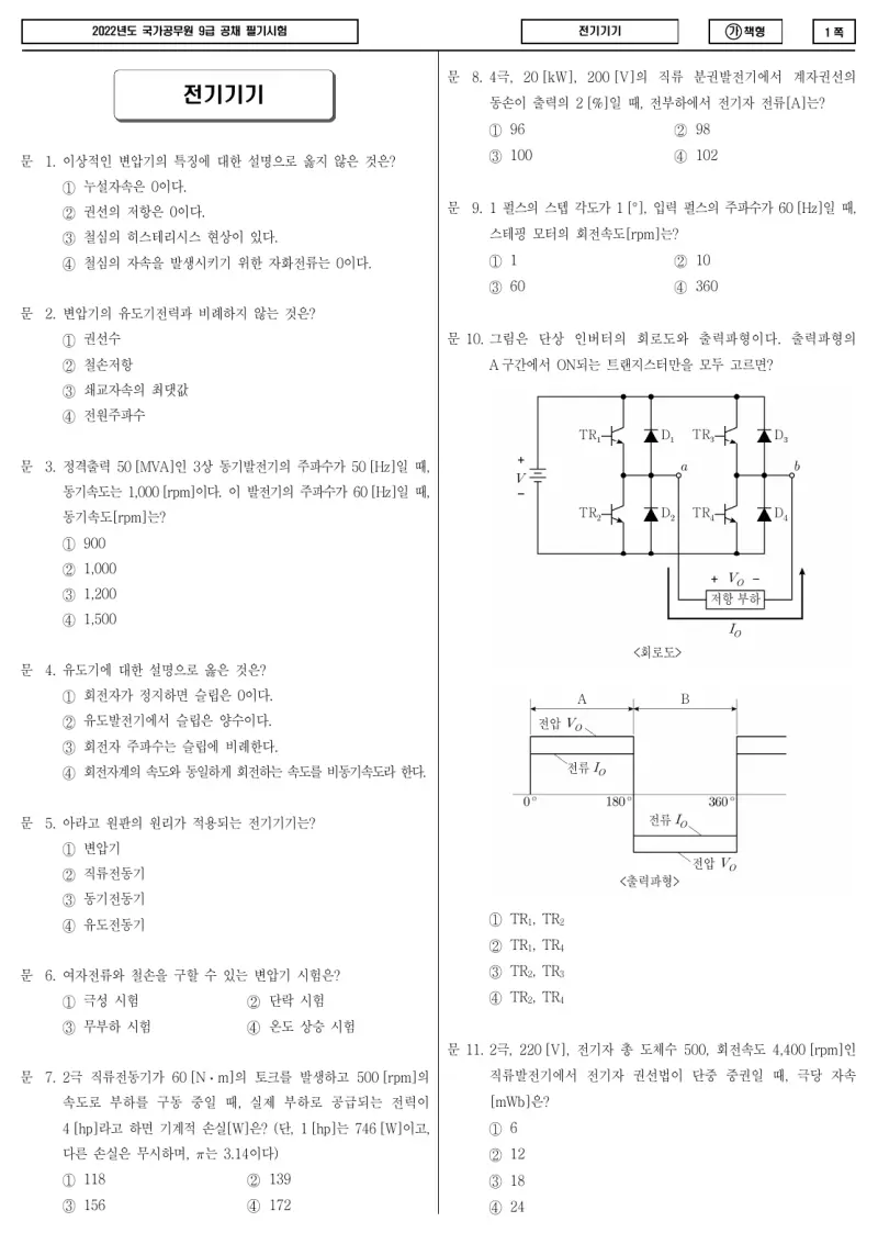 9급 국가직 전기기기 2022년 시험지 1쪽
