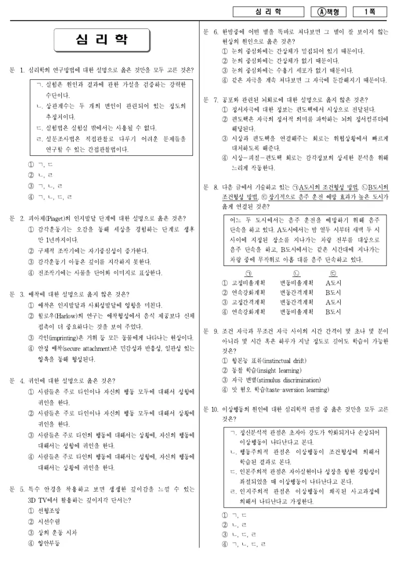 7급 국가직 심리학 2014년 시험지 1쪽