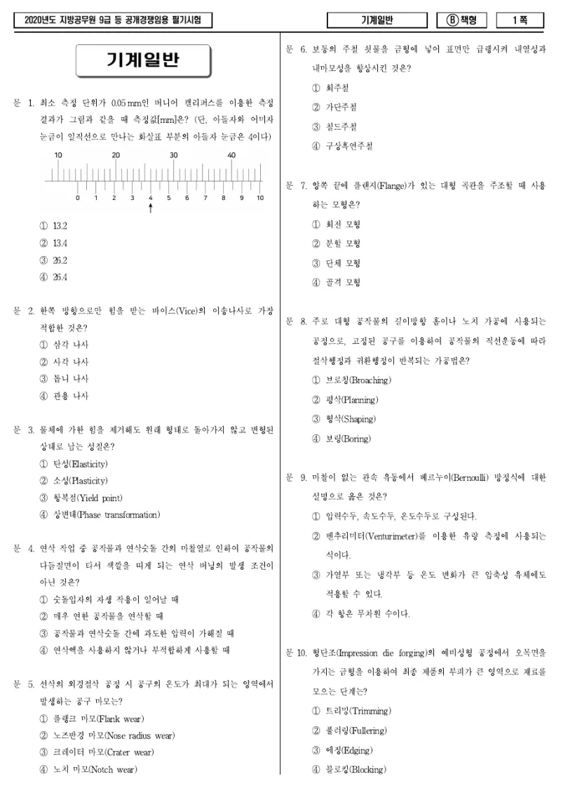 9급 지방직 기계일반 2020년 시험지 1쪽