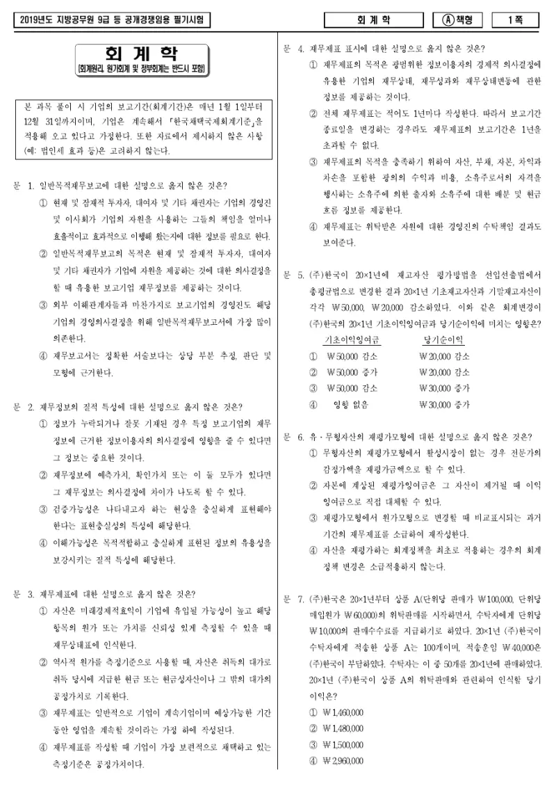 9급 지방직 회계학 2019년 시험지 1쪽
