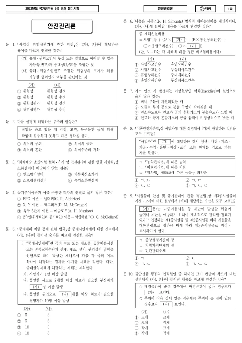 9급 국가직 안전관리론 2022년 시험지 1쪽