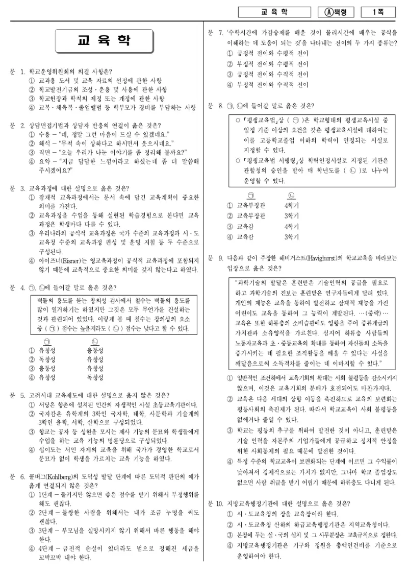 7급 국가직 교육학 2014년 시험지 1쪽