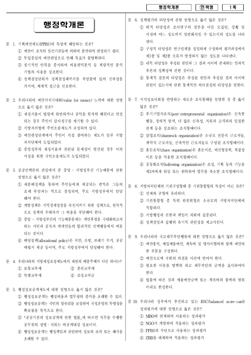 9급 국가직 행정학개론 2008년 시험지 1쪽