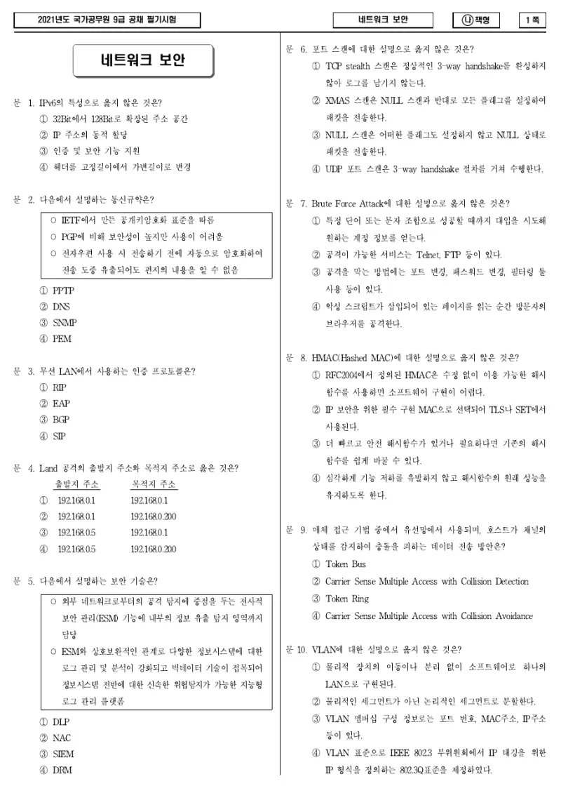 9급 국가직 네트워크 보안 2021년 시험지 1쪽
