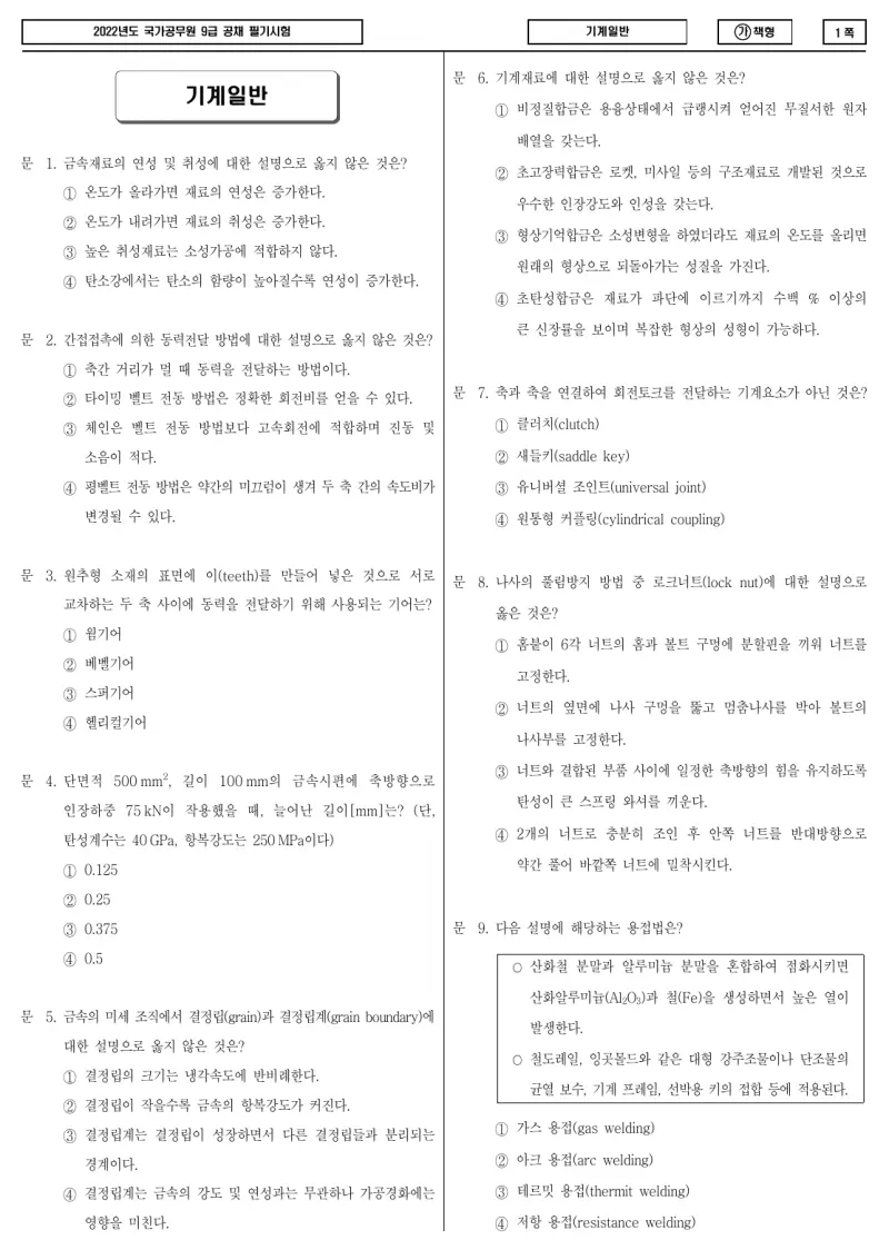 9급 국가직 기계일반 2022년 시험지 1쪽
