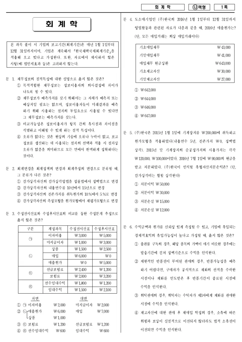 9급 국가직 회계학 2017년 시험지 1쪽