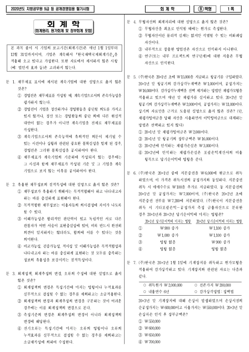 9급 지방직 회계학 2020년 시험지 1쪽