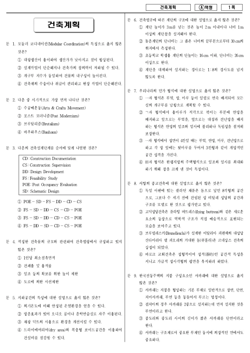 9급 지방직 건축계획 2011년 시험지 1쪽