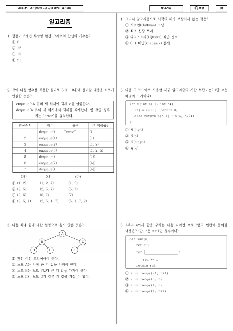 7급 국가직 알고리즘 2024년 시험지 1쪽