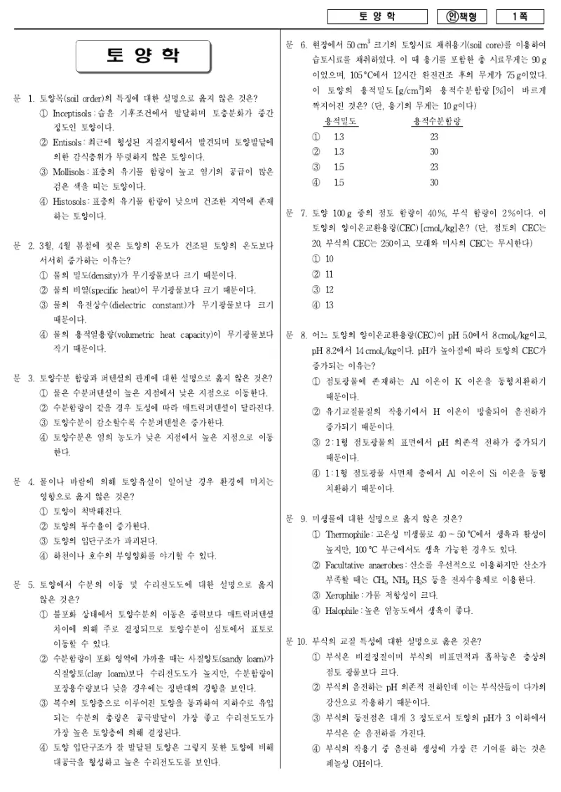7급 국가직 토양학 2012년 시험지 1쪽