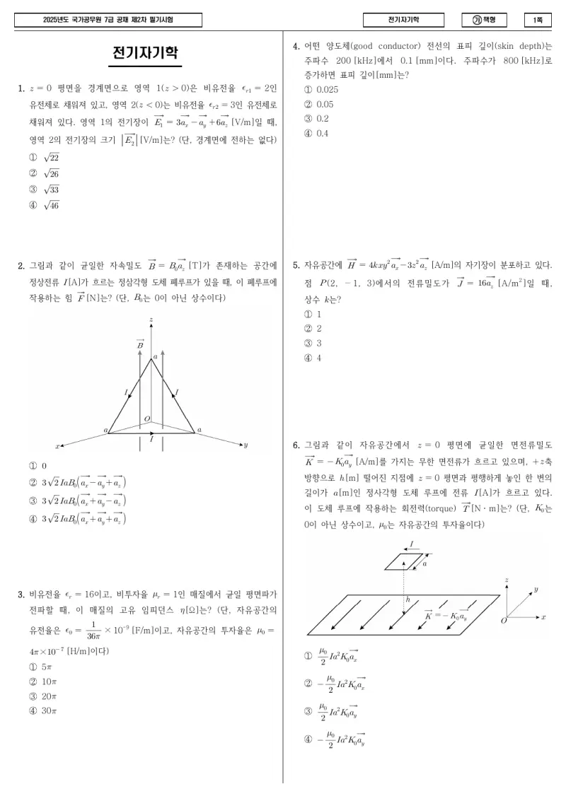 7급 국가직 전기자기학 2025년 시험지 1쪽