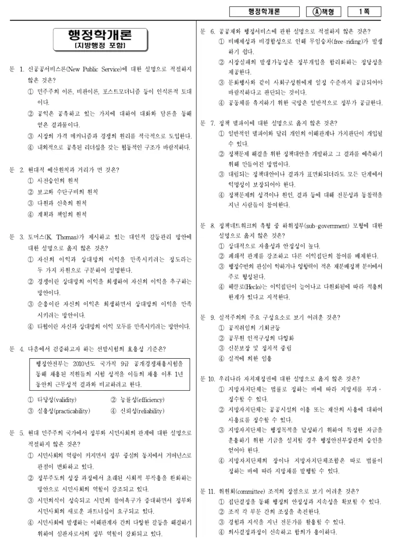 9급 지방직 행정학개론 2012년 시험지 1쪽