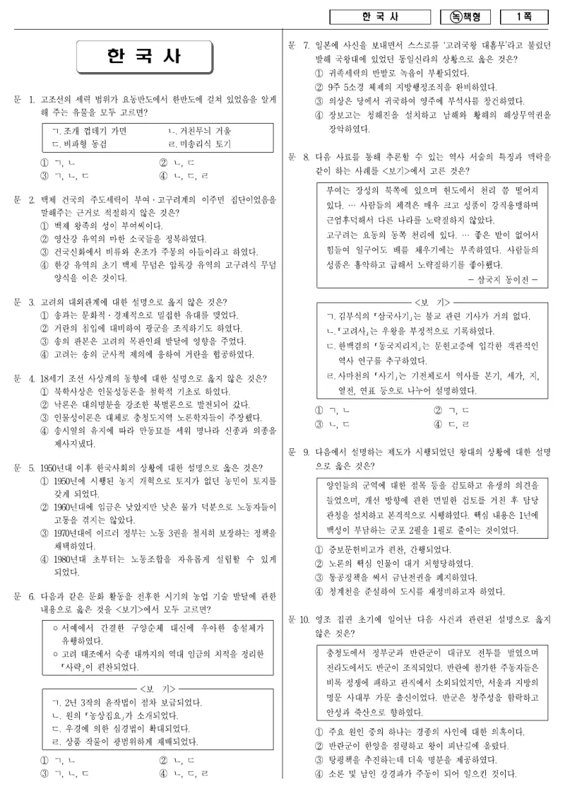 9급 국가직 한국사 2009년 시험지 1쪽