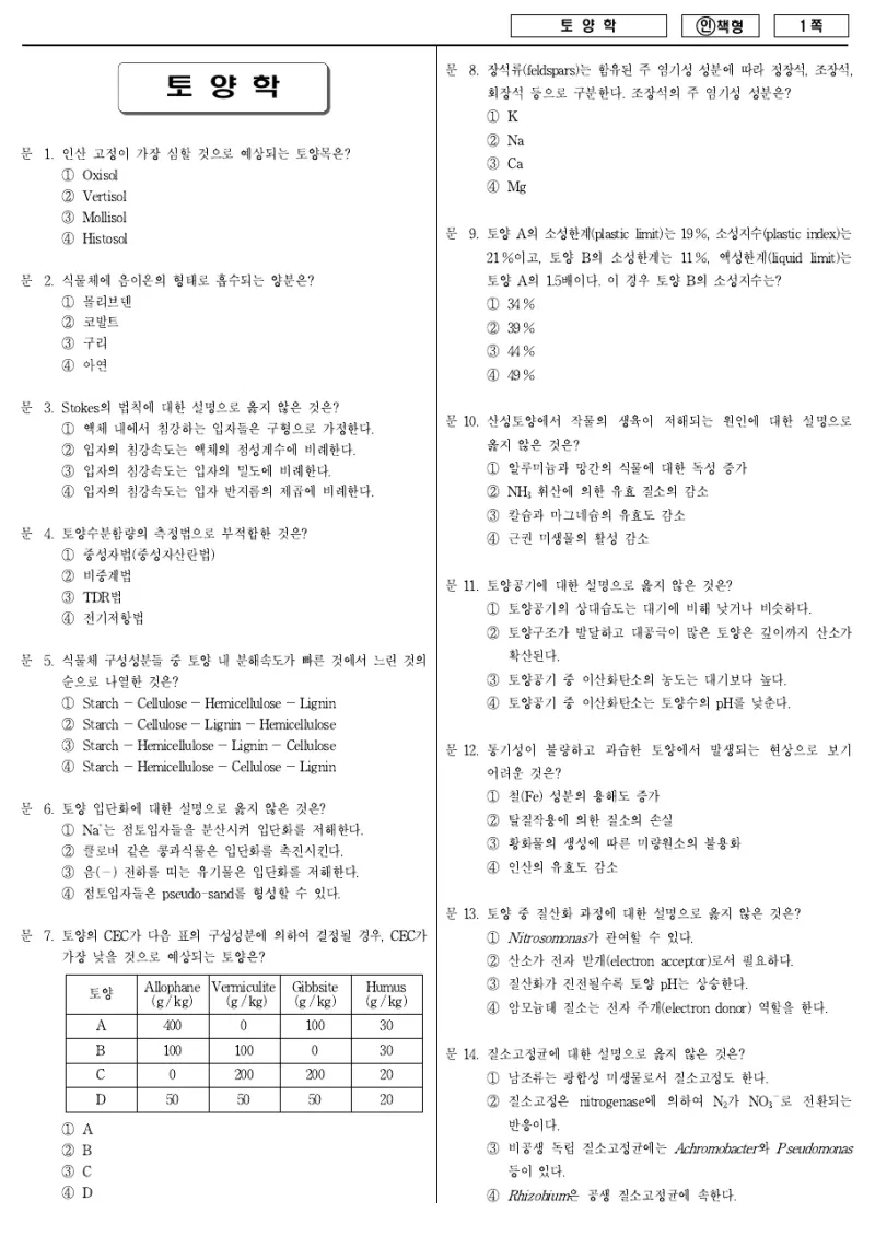 7급 국가직 토양학 2013년 시험지 1쪽