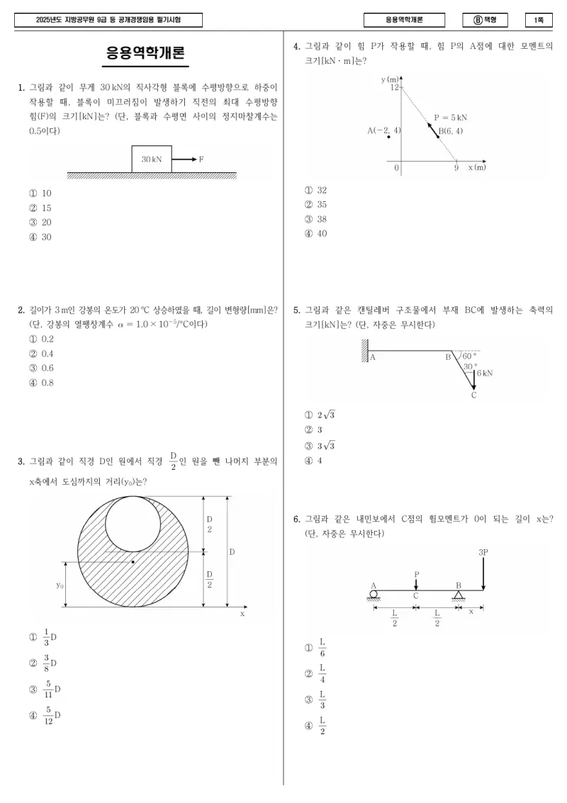 9급 지방직 응용역학개론 2025년 시험지 1쪽